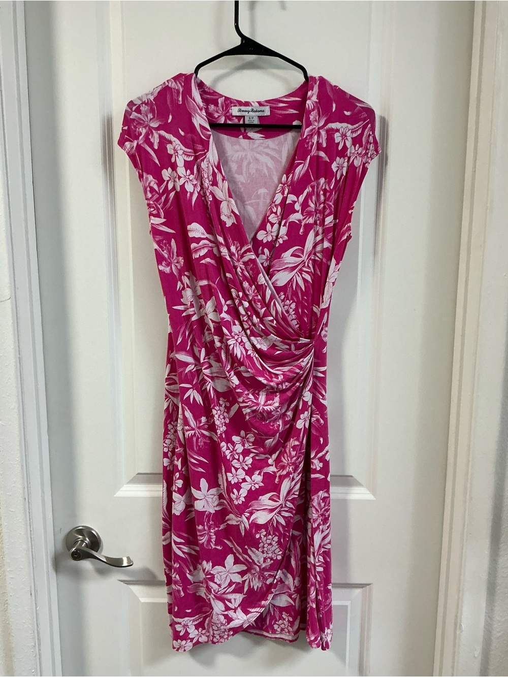 Tommy Bahama Small Pink White Hawaiian Floral Stretch Faux Wrap Dress Resortwear